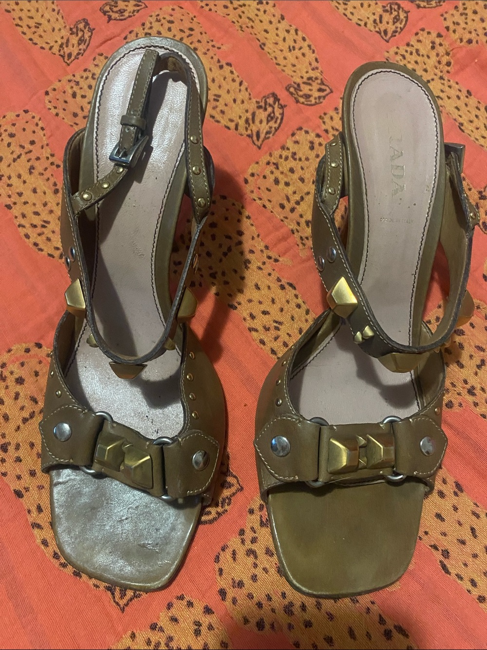 Prada Olive Brown Leather Studded Mule Sandals